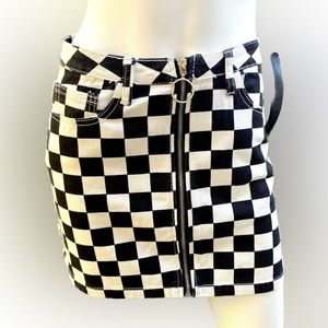 Ladies denim black and white checkered y2k emo two tone ska skater mini skirt